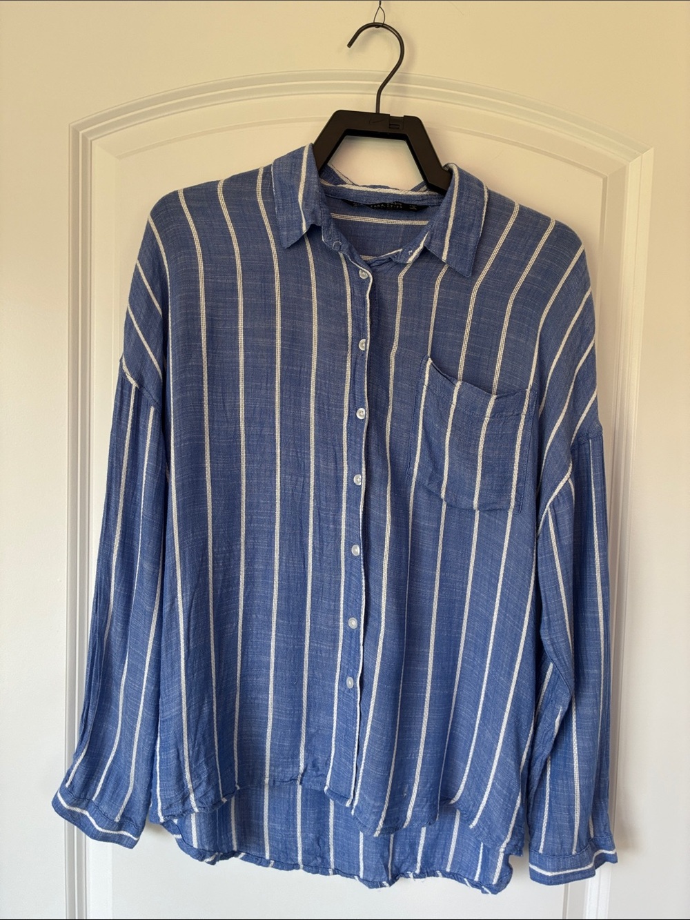 Zara Blue and White Vertical Stripe Button-Down Shirt